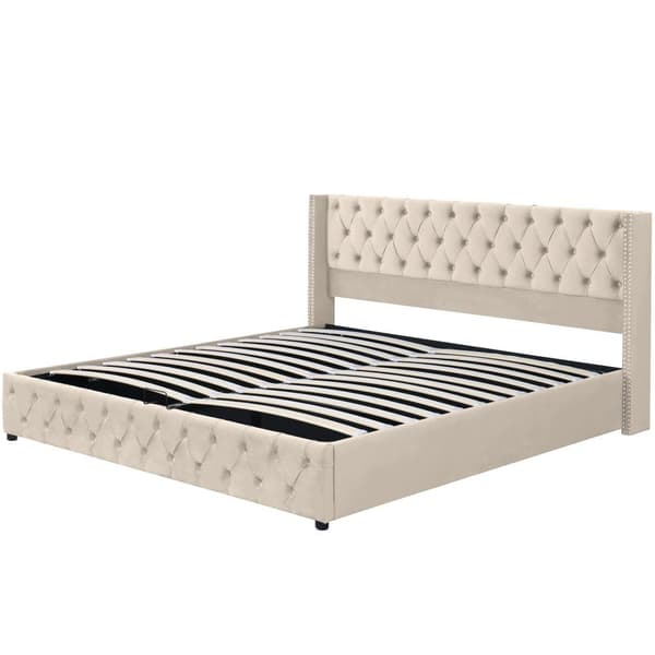 Seng med opbevaringsplads 160x200 cm i fløjl – med lamelbund – beige