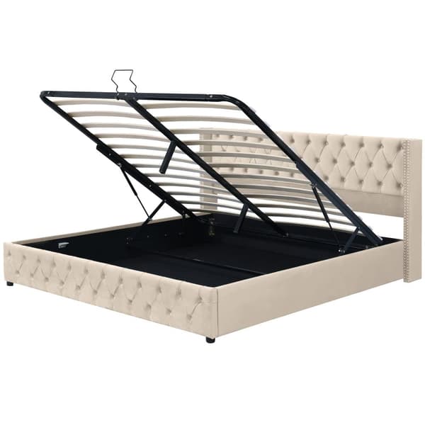 Seng med opbevaringsplads 160x200 cm i fløjl – med lamelbund – beige