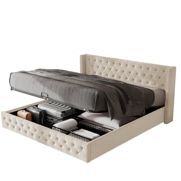 Seng med opbevaringsplads 160x200 cm i fløjl – med lamelbund – beige