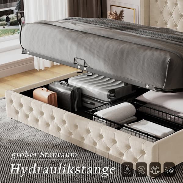 Seng med opbevaringsplads 160x200 cm i fløjl – med lamelbund – beige