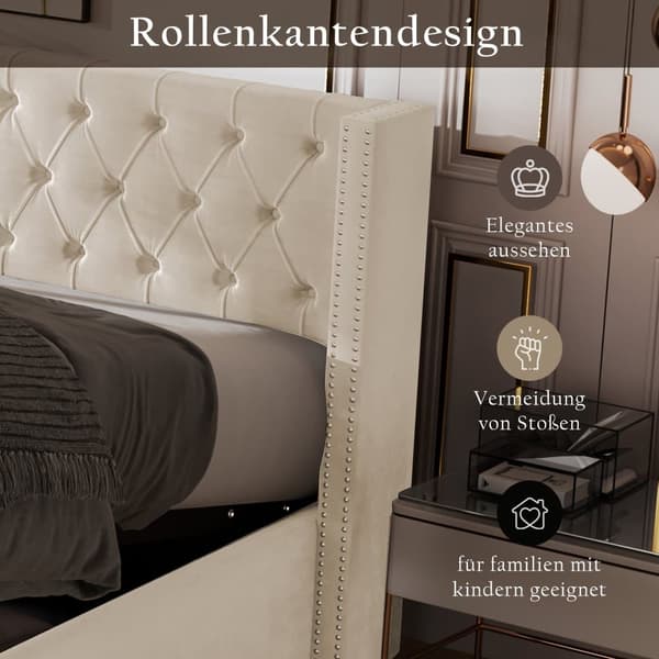 Seng med opbevaringsplads 160x200 cm i fløjl – med lamelbund – beige