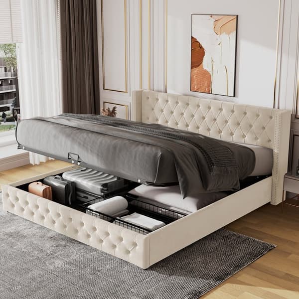 Seng med opbevaringsplads 160x200 cm i fløjl – med lamelbund – beige