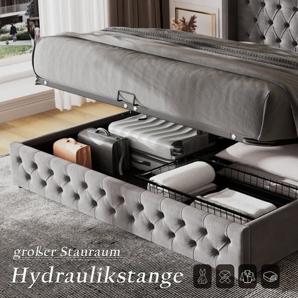 Seng med opbevaringsplads 180x200 cm i fløjl – med lamelbund – grå