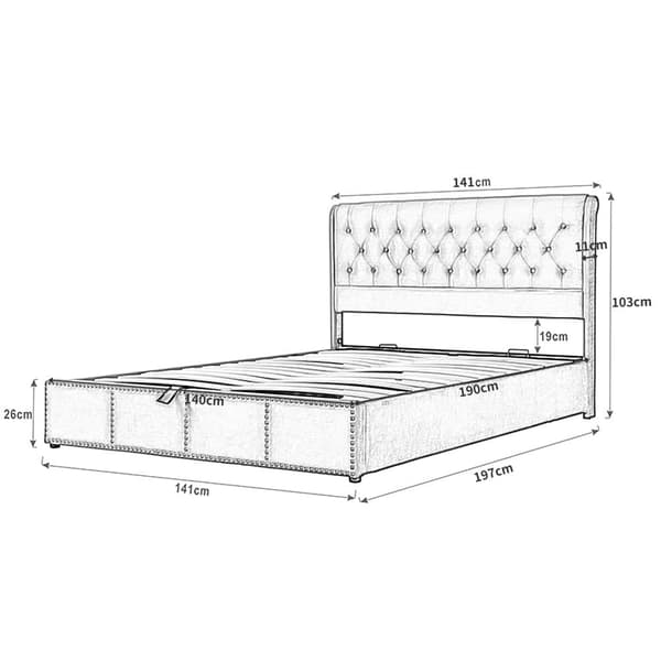 Seng med sengetøj opbevaring – dekoreret med nitter – med lamelbund – 140x190 cm – lysegrå
