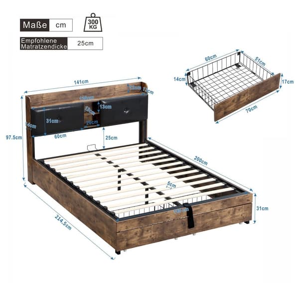 Seng med opbevaringsplads 140x200 cm – med opbevaringssengegavl og metallamelbund – mørk natur og sort