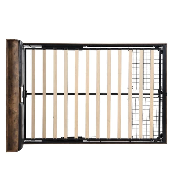 Seng med opbevaringsplads 140x200 cm – med opbevaringssengegavl og metallamelbund – mørk natur og sort