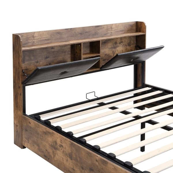 Seng med opbevaringsplads 140x200 cm – med opbevaringssengegavl og metallamelbund – mørk natur og sort