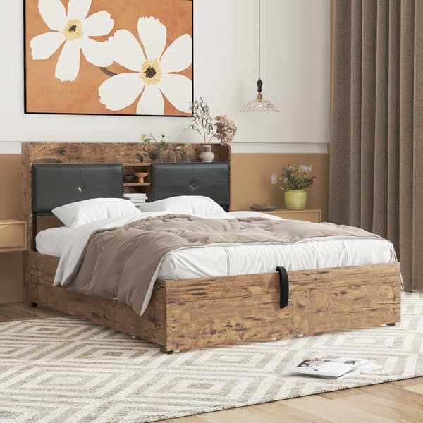 Seng med opbevaringsplads 140x200 cm – med opbevaringssengegavl og metallamelbund – mørk natur og sort
