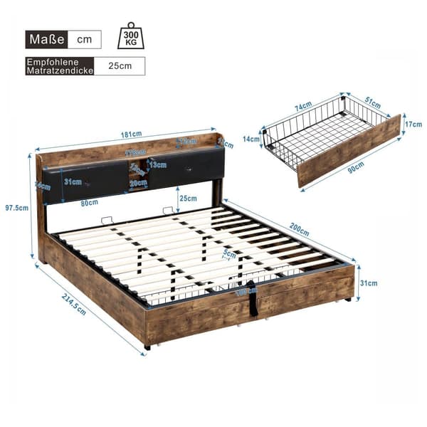 Seng med opbevaringsplads 180x200 cm – med opbevaringssengegavl og metallamelbund – mørk natur og sort