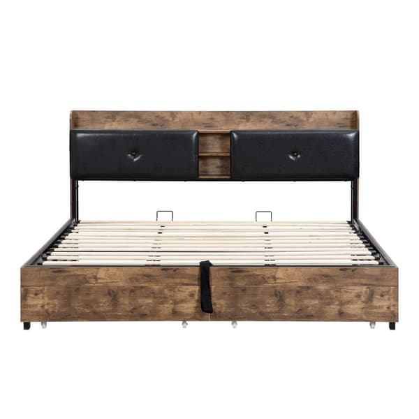 Seng med opbevaringsplads 180x200 cm – med opbevaringssengegavl og metallamelbund – mørk natur og sort