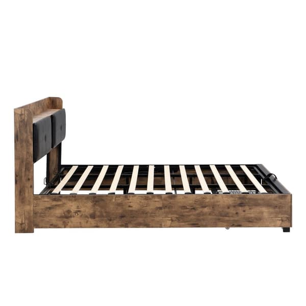 Seng med opbevaringsplads 180x200 cm – med opbevaringssengegavl og metallamelbund – mørk natur og sort
