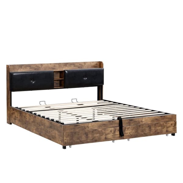 Seng med opbevaringsplads 180x200 cm – med opbevaringssengegavl og metallamelbund – mørk natur og sort