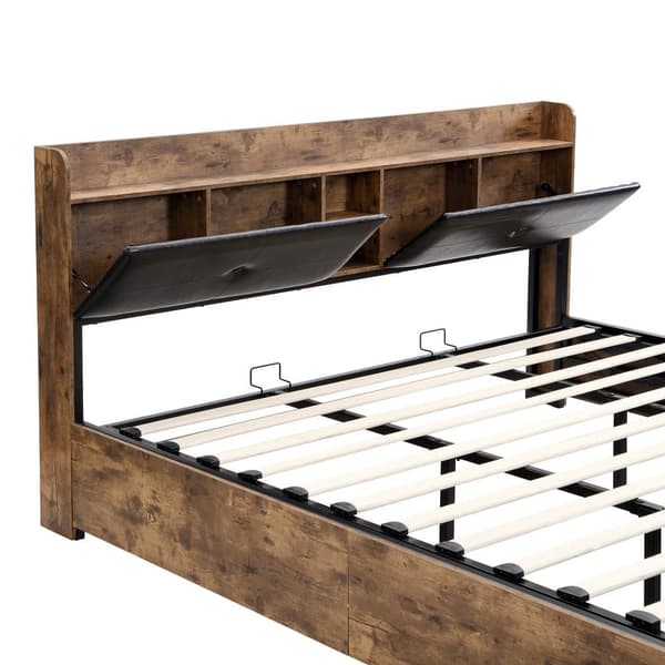 Seng med opbevaringsplads 180x200 cm – med opbevaringssengegavl og metallamelbund – mørk natur og sort