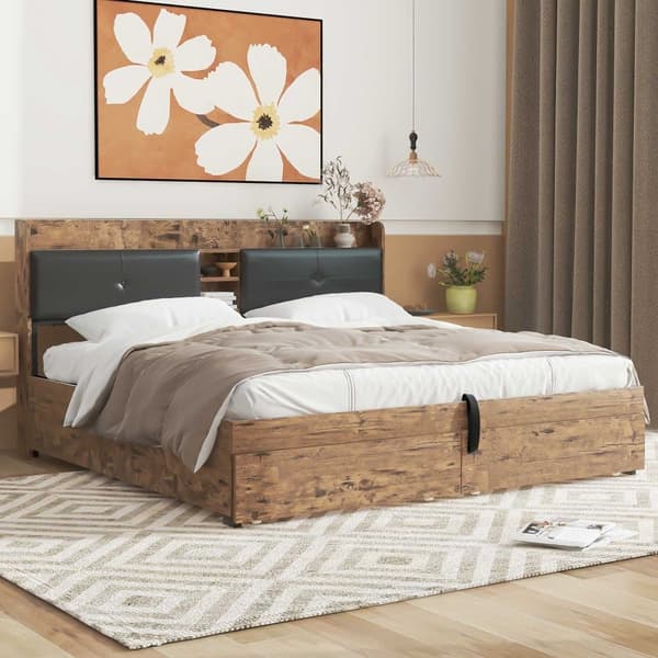 Seng med opbevaringsplads 180x200 cm – med opbevaringssengegavl og metallamelbund – mørk natur og sort