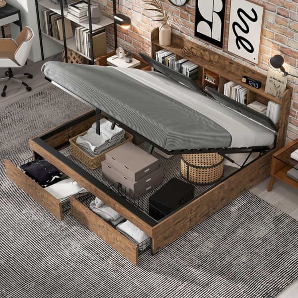 Seng med opbevaringsplads 180x200 cm – med opbevaringssengegavl og metallamelbund – mørk natur og sort