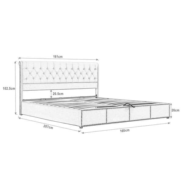 Polstret seng med hydraulisk håndtag, Funktionsseng med opbevaring, nitter, 160 x 200 cm, uden madras, Velour, grå