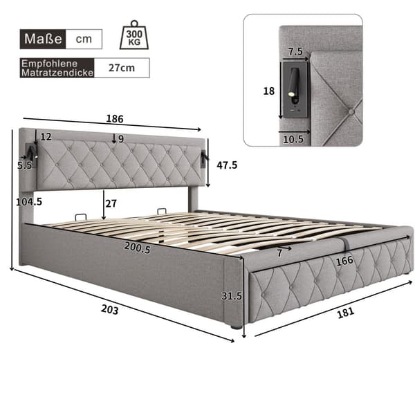 Sänky säilytyslaatikolla 180x200 cm liinavaatteet, lampulla ja USB-portilla, sängyn pohja säleillä - harmaa