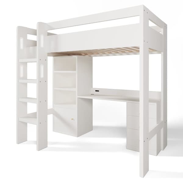 Mezzaninsäng 90x200 cm - med säkerhetstrappa med 4 steg - med bord - med hylla - med säkerhetsbarriärer - vit (utan madrass)