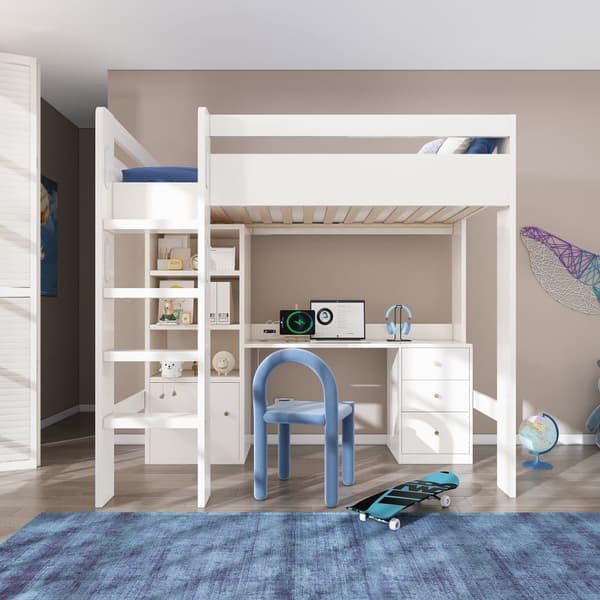 Mezzaninsäng 90x200 cm - med säkerhetstrappa med 4 steg - med bord - med hylla - med säkerhetsbarriärer - vit (utan madrass)