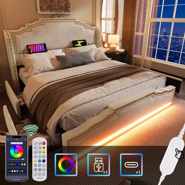 Parivuode 140x200 cm - 4 laatikolla - LED- ja latausasemilla - Beige