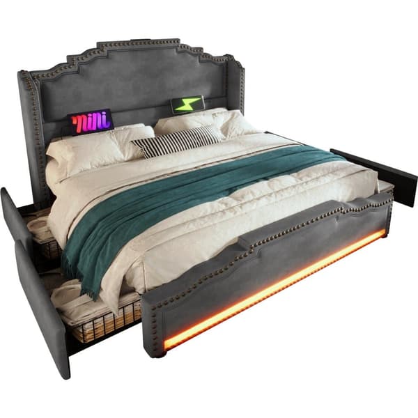 Dobbeltseng 140x200 cm - med 4 skuffer - med LED og ladestandere - Grå