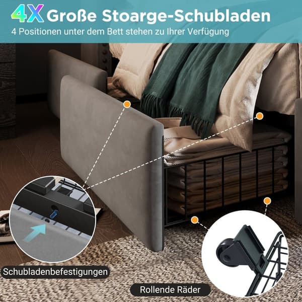 Dobbeltseng 160x200 cm - med 4 skuffer - med LED og ladestationer - grå
