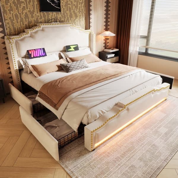 Dubbelsäng 180x200 cm - med 4 lådor - med LED och laddningsstationer - Beige