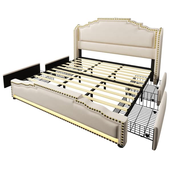 Dubbelsäng 180x200 cm - med 4 lådor - med LED och laddningsstationer - Beige