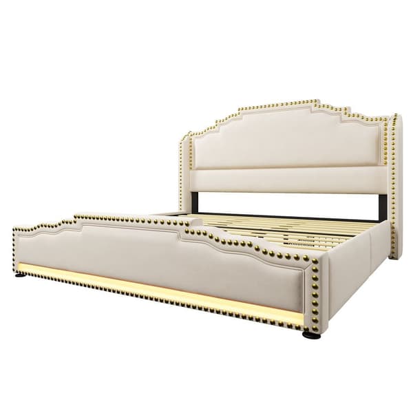 Dubbelsäng 180x200 cm - med 4 lådor - med LED och laddningsstationer - Beige