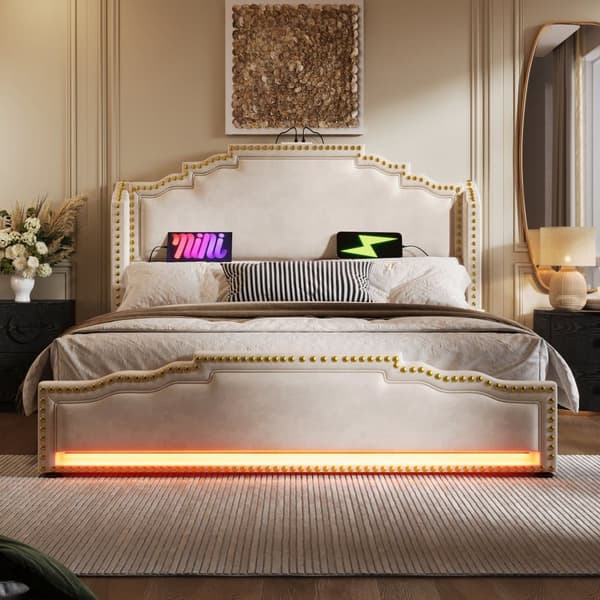 Dubbelsäng 180x200 cm - med 4 lådor - med LED och laddningsstationer - Beige