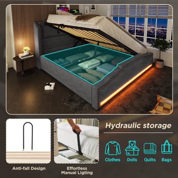 Säng med stoppat fodral 140 x 200 cm - med USB-laddningsport och LED-lampa vid sängens fotända - grå
