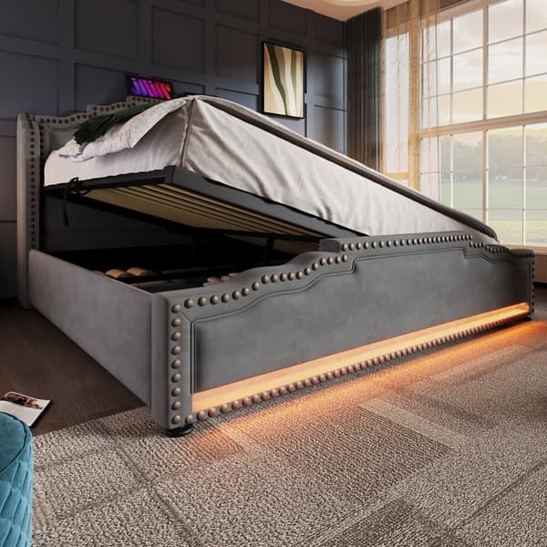 Säng med stoppat fodral 140 x 200 cm - med USB-laddningsport och LED-lampa vid sängens fotända - grå