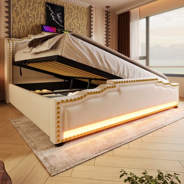 Seng med polstret betræk 140 x 200 cm - med USB-opladningstilslutning og LED ved fodenden af sengen - Beige
