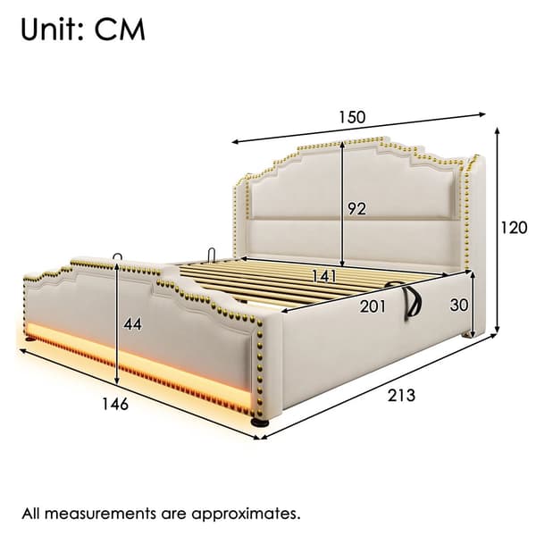 Seng med polstret betræk 140 x 200 cm - med USB-opladningstilslutning og LED ved fodenden af sengen - Beige