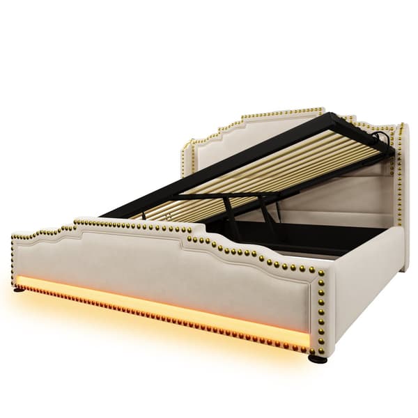 Seng med polstret betræk 140 x 200 cm - med USB-opladningstilslutning og LED ved fodenden af sengen - Beige