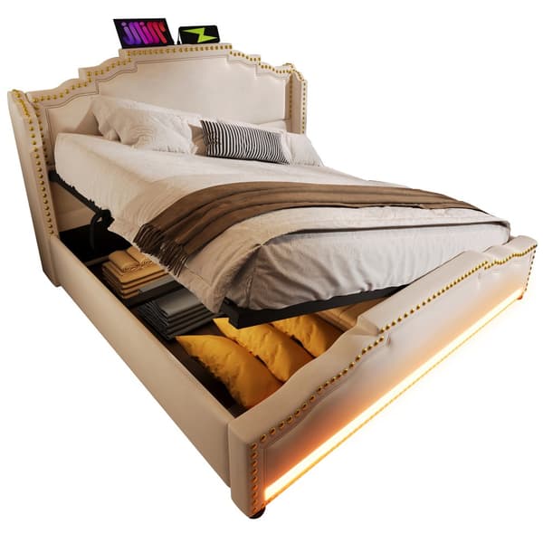 Seng med polstret betræk 140 x 200 cm - med USB-opladningstilslutning og LED ved fodenden af sengen - Beige