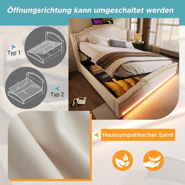 Seng med polstret betræk 140 x 200 cm - med USB-opladningstilslutning og LED ved fodenden af sengen - Beige
