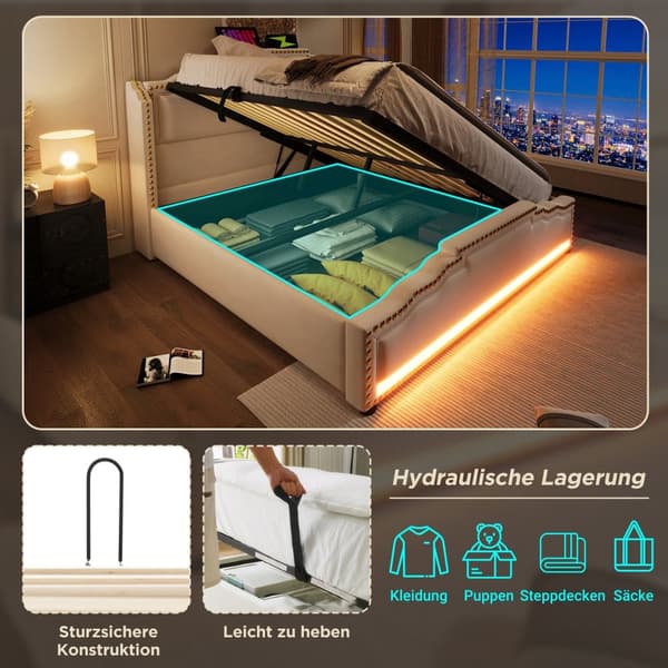 Seng med polstret betræk 140 x 200 cm - med USB-opladningstilslutning og LED ved fodenden af sengen - Beige