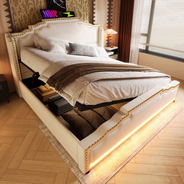 Seng med polstret betræk 140 x 200 cm - med USB-opladningstilslutning og LED ved fodenden af sengen - Beige