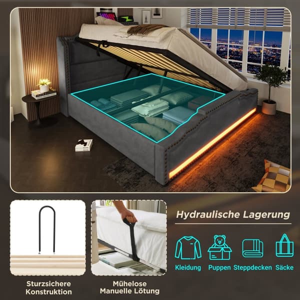 Seng med polstret etui 160 x 200 cm - med USB-opladningsport og LED-lys ved fodenden af sengen - grå