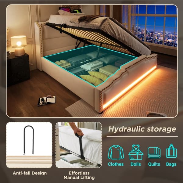 Sänky pehmustetulla päällisellä 160 x 200 cm - USB-latausportilla ja LED-valolla sängyn jalkopäässä - beige