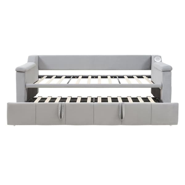 Polstret sovesofa 90x190 cm - med USB-opladningsport - med opbevaringsrum - fløjlsstof - lysegrå