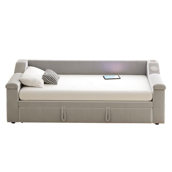 Polstret sovesofa 90x190 cm - med USB-opladningsport - med opbevaringsrum - fløjlsstof - lysegrå
