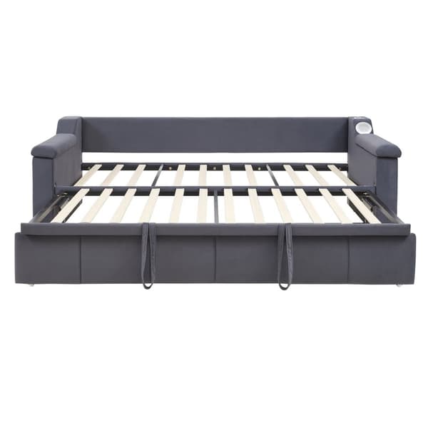 Stoppad bäddsoffa 90x190 cm - med USB-laddningsport - med förvaringsfack - sammetstyg - grå