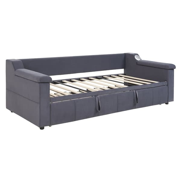 Stoppad bäddsoffa 90x190 cm - med USB-laddningsport - med förvaringsfack - sammetstyg - grå