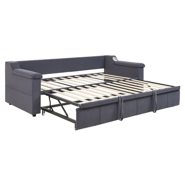 Stoppad bäddsoffa 90x190 cm - med USB-laddningsport - med förvaringsfack - sammetstyg - grå
