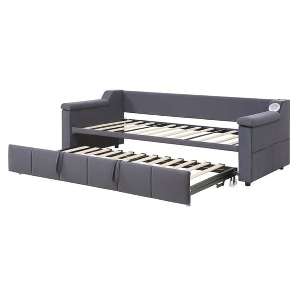 Stoppad bäddsoffa 90x190 cm - med USB-laddningsport - med förvaringsfack - sammetstyg - grå