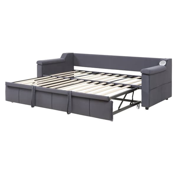 Stoppad bäddsoffa 90x190 cm - med USB-laddningsport - med förvaringsfack - sammetstyg - grå