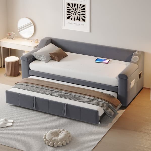 Stoppad bäddsoffa 90x190 cm - med USB-laddningsport - med förvaringsfack - sammetstyg - grå