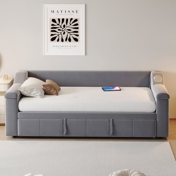 Stoppad bäddsoffa 90x190 cm - med USB-laddningsport - med förvaringsfack - sammetstyg - grå